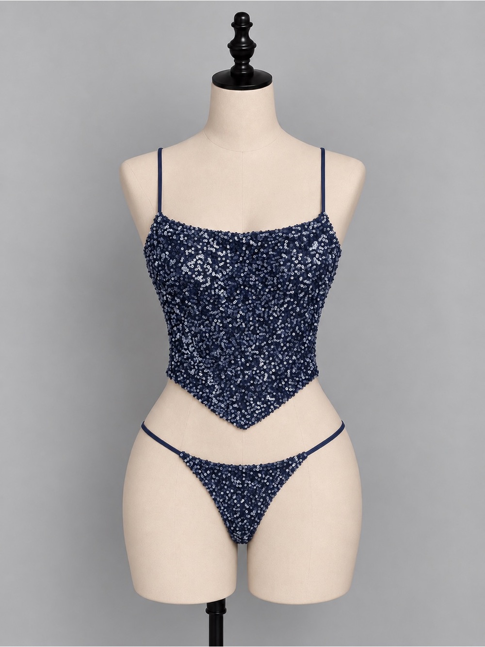 Sequin Corset Strappy Back Tank Top - Navy